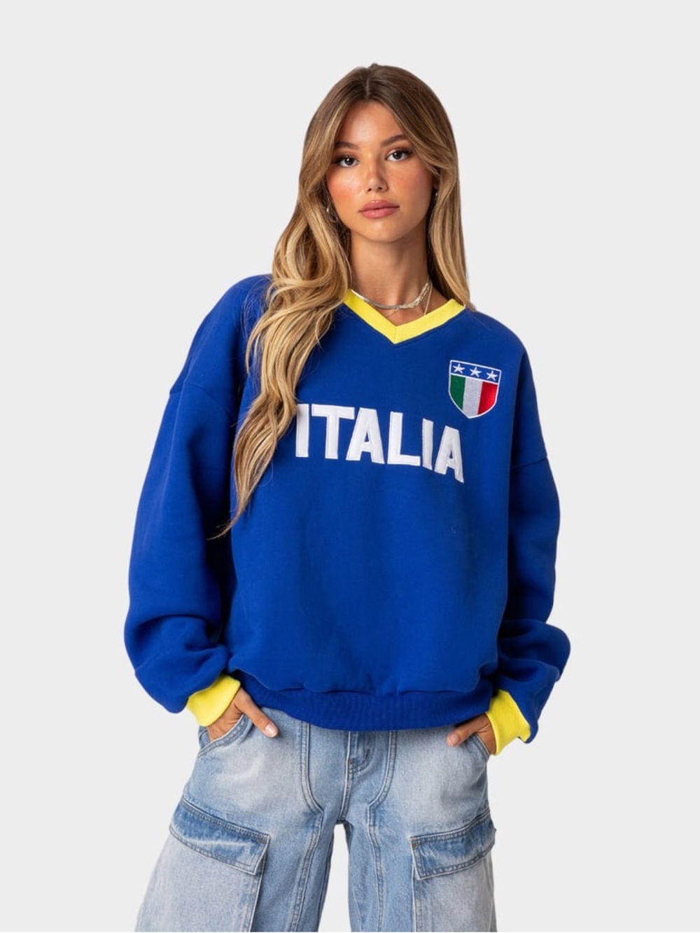Edikted Italia V-Neck Pullover Sweatshirt in Royal Blue